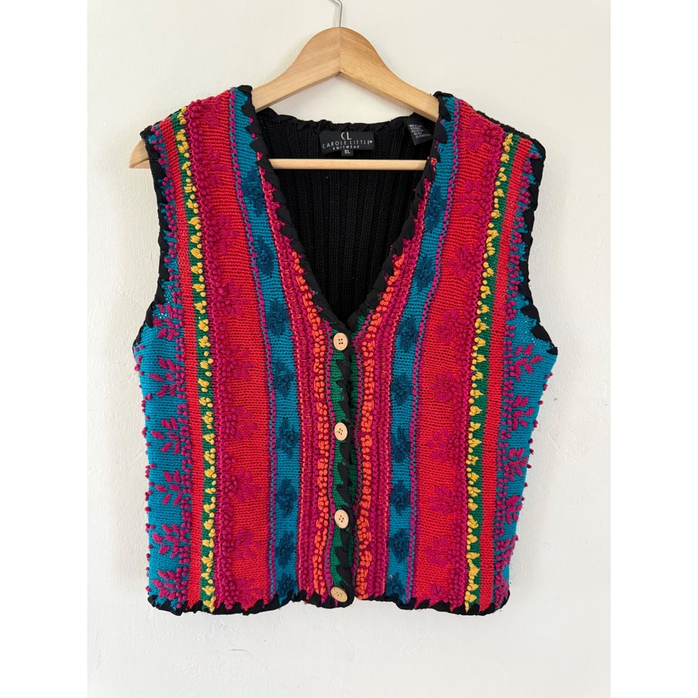 Carole Little Knitwear Vintage XL Multi Color Textured Silk Blend Sweater Vest